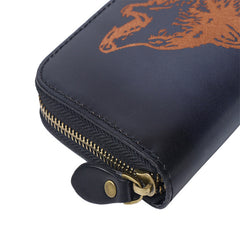 Around Zip Black Leather Long Wallet Mens Wolf Zipper Clutch Wallet for Men