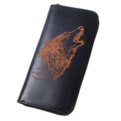 Around Zip Blue Leather Long Wallet Mens Wolf Zipper Clutch Wallet for Men