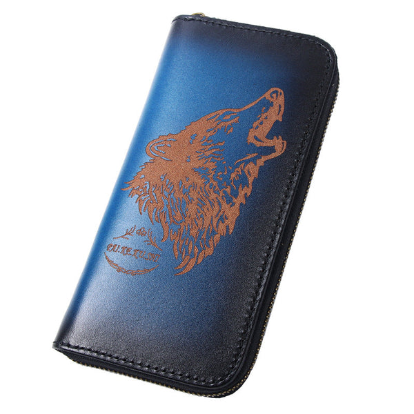 Around Zip Black Leather Long Wallet Mens Wolf Zipper Clutch Wallet for Men KBPJ01551007