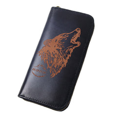 Around Zip Blue Leather Long Wallet Mens Wolf Zipper Clutch Wallet for Men