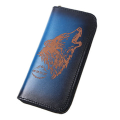 Around Zip Blue Leather Long Wallet Mens Wolf Zipper Clutch Wallet for Men