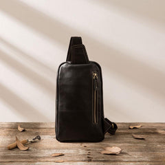 Mens Black Leather Sling Bag Sling Shoulder Bag Sling Backpack for men