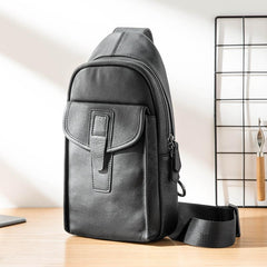 Cool Mens Black Leather 8 inches Chest Bag Sling Black One Shoulder Backpack Sling Backpack for men