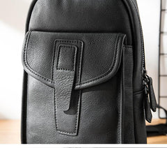 Cool Mens Black Leather 8 inches Chest Bag Sling Black One Shoulder Backpack Sling Backpack for men