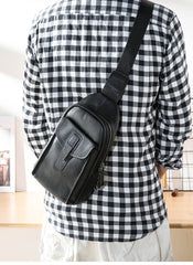 Cool Mens Black Leather 8 inches Chest Bag Sling Black One Shoulder Backpack Sling Backpack for men