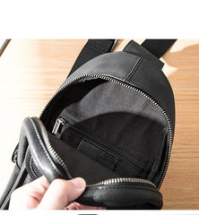 Cool Mens Black Leather 8 inches Chest Bag Sling Black One Shoulder Backpack Sling Backpack for men