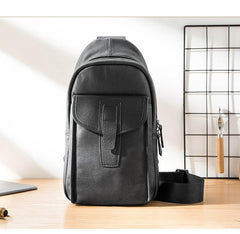 Cool Mens Black Leather 8 inches Chest Bag Sling Black One Shoulder Backpack Sling Backpack for men