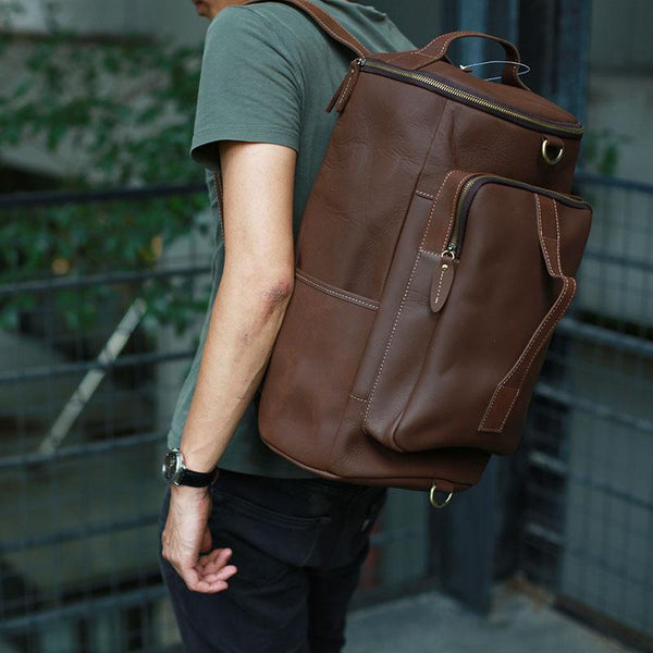 Mens Leather Barrel Backpack Cool Travel Bag Weekender Bag for men ZEEMOO03981072