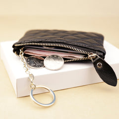 Mini Women Black Leather Zip Coin Wallet with Keychains Keys Wallet Small Zip Change Wallet For Women