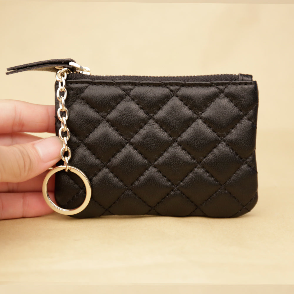 Mini Women Black Leather Zip Coin Wallet with Keychains Keys Wallet Small Zip Change Wallet For Women
