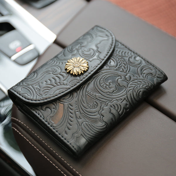 Mini Womens Black Leather Billfold Wallet SunFlower Small Wallet with Coin Pocke CH00632128