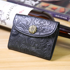 SunFlower Womens Black Leather Billfold Wallet Small Wallet with Coin Pocket Envelope Wallet for Ladies