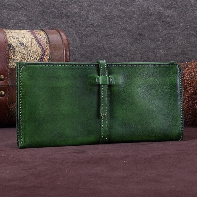 Women Vintage Leather Long Wallets For Ladies Flat Bifold Clutch Long