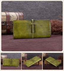Green Womens Leather Slim Long Wallet Bifold Leather Wallet Womens Long Purse for Ladies