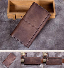 Grey Vintage Mens Bifold Leather Long Wallet Brown Long Phone Clutch Purse for Men
