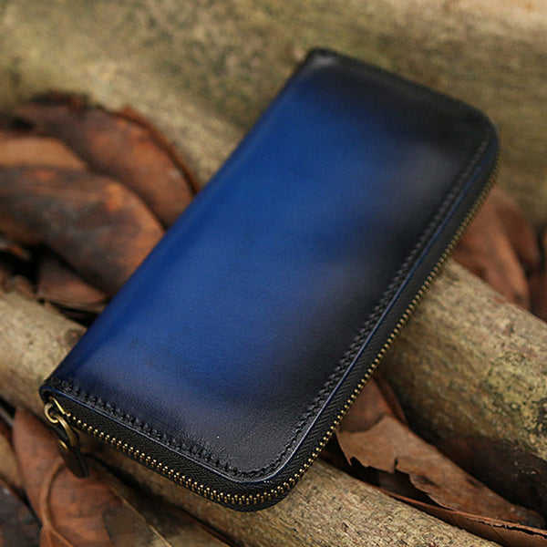 Around Zip Blue Leather Long Wallet Mens - Back View