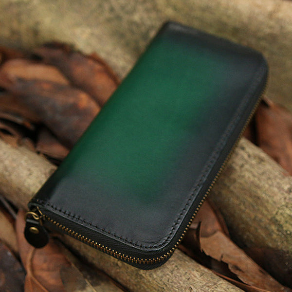 Around Zip Green Leather Long Wallet Mens - Back View