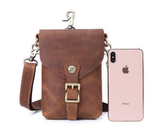 Vintage Brown Leather Men's Belt Pouch Cell Phone Holster Waist Belt Bag Mini Side Bag For Men