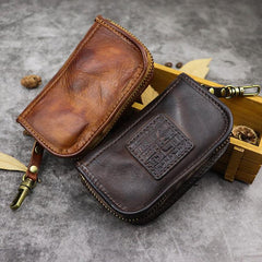 Vintage Brown Leather Men's Car Key Wallet Black Key Zipper Wallet For Men