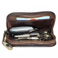 Vintage Brown Leather Men's Car Key Wallet Black Key Zipper Wallet For Men