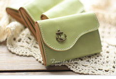 Handmade light green cute leather small change coin wallet pouch purse for women/lady girl