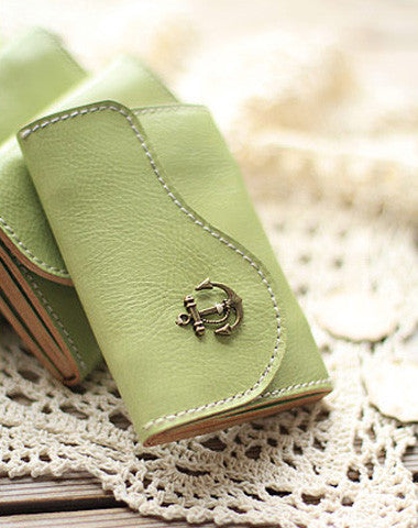 Handmade light green cute leather small change coin wallet pouch purse