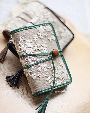 Handmade vintage fabric lace leather small cards wallet pouch purse for women/lady girl - EverHandmade