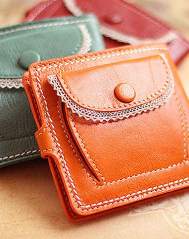 Handmade vintage cute sweet lace leather small bifold wallet for women/lady - EverHandmade