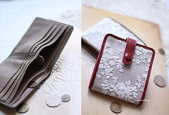 Handmade vintage cute womens lace leather small bifold wallet for women