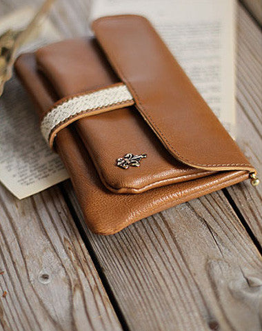 Handmade vintage rustic pretty brown lace leather long bifold wallet for women/lady girl