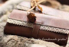 Handmade vintage sweet cute coffee lace leather long bifold wallet for women/lady