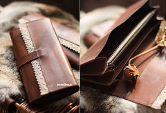Handmade vintage sweet cute coffee lace leather long bifold wallet for women/lady
