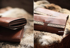 Handmade vintage sweet cute coffee lace leather long bifold wallet for women/lady