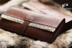 Handmade vintage sweet cute coffee lace leather long bifold wallet for women/lady