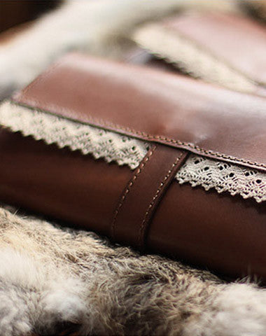 Handmade vintage sweet cute coffee lace leather long bifold wallet for women/lady - EverHandmade