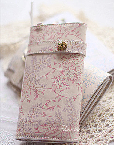 Handmade vintage sweet cute orchid leather long bifold wallet for women/lady - EverHandmade