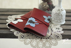 Handmade red vintage sweet cute flower leather long bifold wallet for women/lady