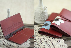Handmade red vintage sweet cute flower leather long bifold wallet for women/lady