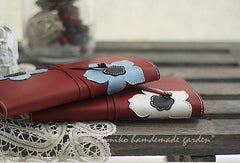 Handmade red vintage sweet cute flower leather long bifold wallet for women/lady
