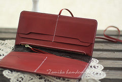 Handmade red vintage sweet cute flower leather long bifold wallet for women/lady