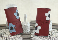 Handmade red vintage sweet cute flower leather long bifold wallet for women/lady