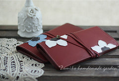 Handmade red vintage sweet cute flower leather long bifold wallet for women/lady