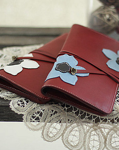 Handmade red vintage sweet cute flower leather long bifold wallet for women/lady