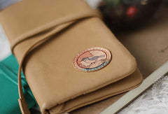 Handmade vintage sweet green stamp tie leather long bifold wallet for women/lady - EverHandmade