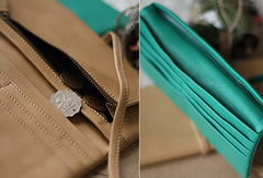 Handmade vintage sweet green stamp tie leather long bifold wallet for women/lady - EverHandmade