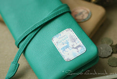 Handmade vintage sweet green stamp tie leather long bifold wallet for women/lady - EverHandmade