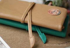 Handmade vintage sweet green stamp tie leather long bifold wallet for women/lady - EverHandmade