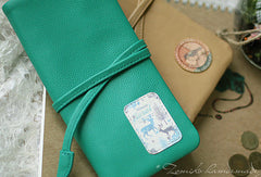Handmade vintage sweet green stamp tie leather long bifold wallet for women/lady - EverHandmade