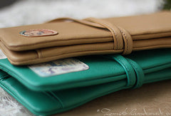 Handmade vintage sweet green stamp tie leather long bifold wallet for women/lady