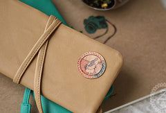 Handmade vintage sweet green stamp tie leather long bifold wallet for women/lady - EverHandmade